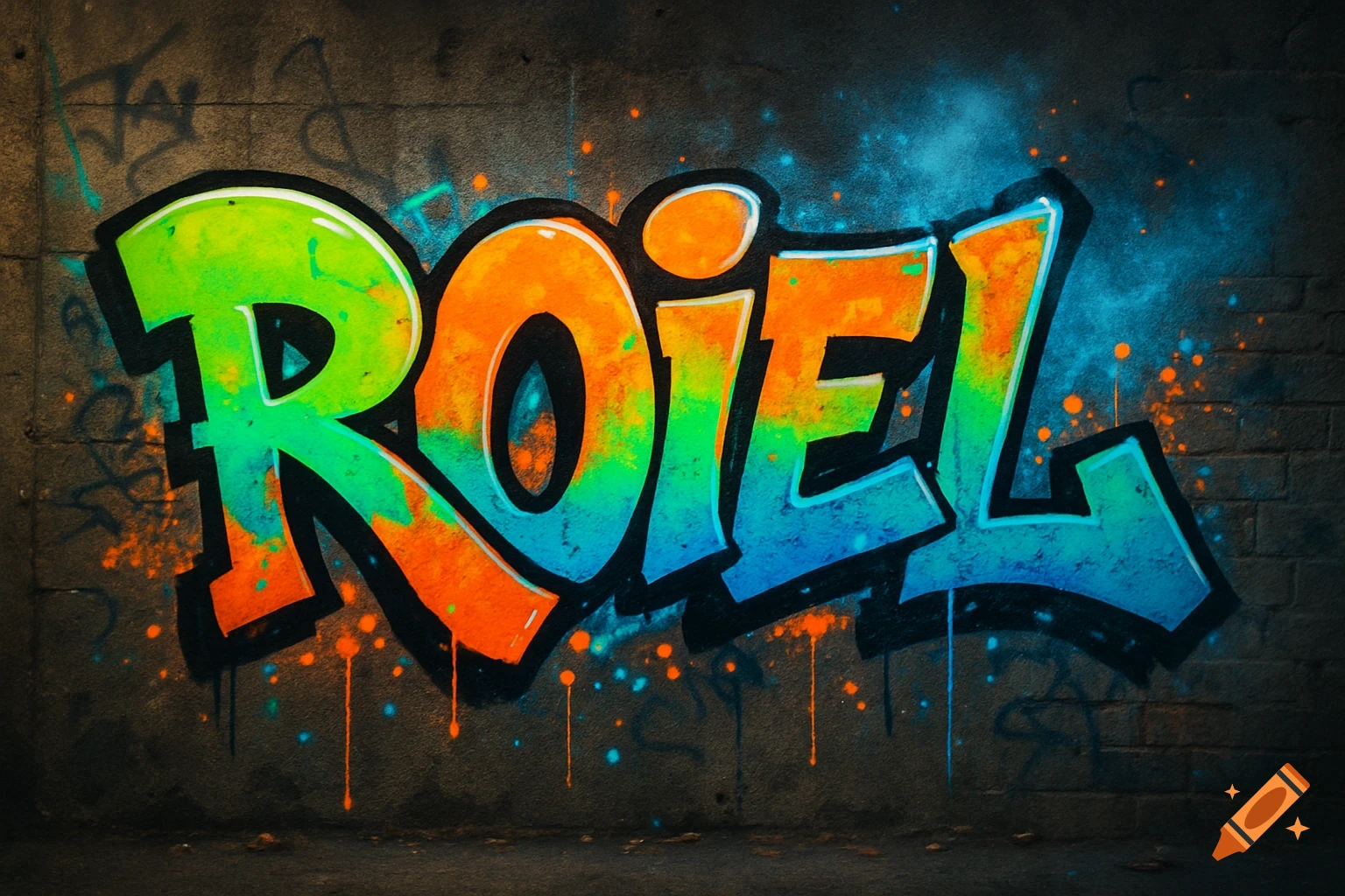 Colorful graffiti spelling ROIEL in green, orange, and blue on a dark, textured wall with paint splatters.