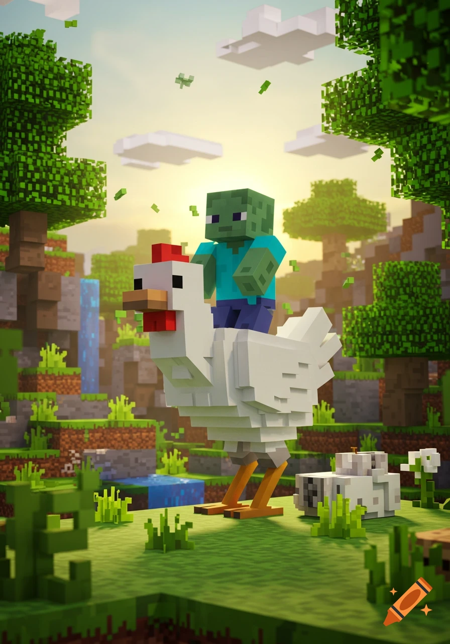 A blocky zombie character rides a chicken through a vibrant, blocky Minecraft-style landscape at sunset.