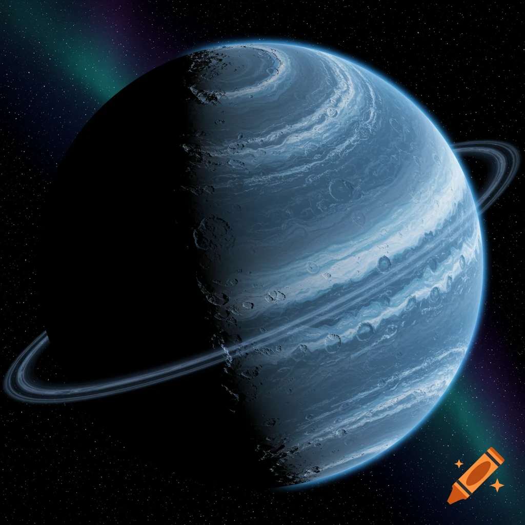A blue and grey ringed planet, partially shadowed, with swirling bands and surface features, against a starry background with a faint aurora.