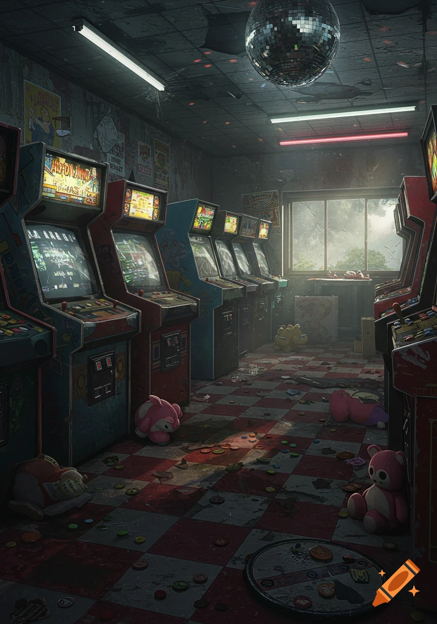 An abandoned, dusty arcade room with old machines, a disco ball, and debris on a checkerboard floor, viewed through a grimy window.