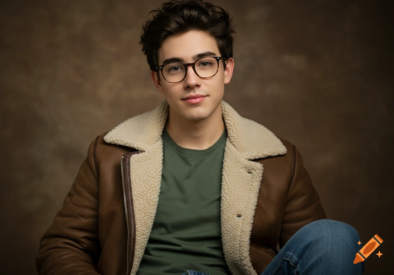 Photorealistic portrait of a young man with dark hair and glasses, wearing a brown shearling jacket and green t-shirt, against a brown background.