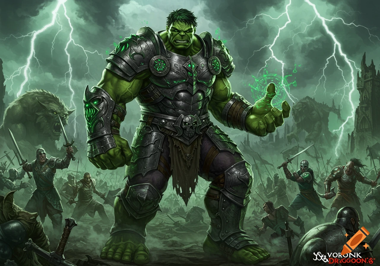 A muscular green Hulk-like character in armor casting a spell during a chaotic battle under stormy green skies.