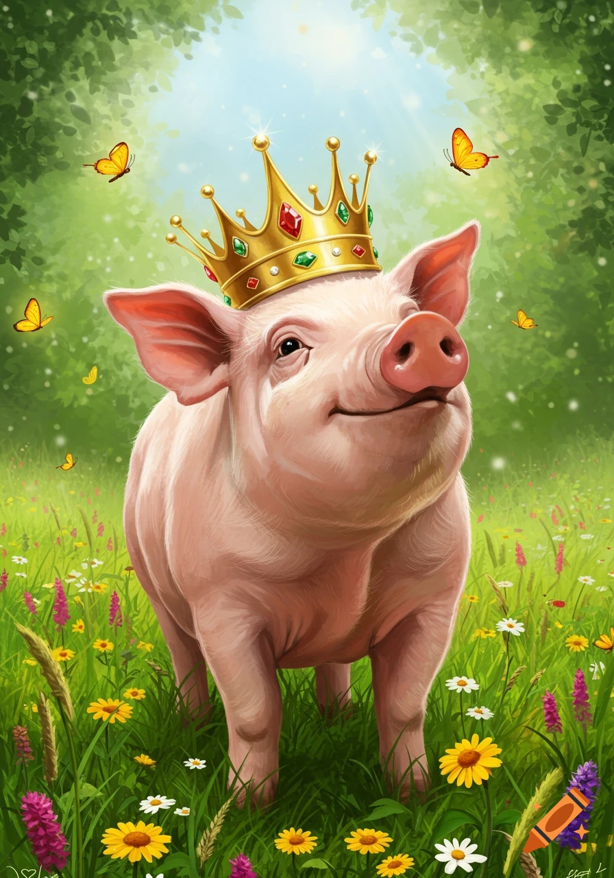 A smiling pig wearing a golden crown stands in a vibrant meadow filled with colorful wildflowers and butterflies.