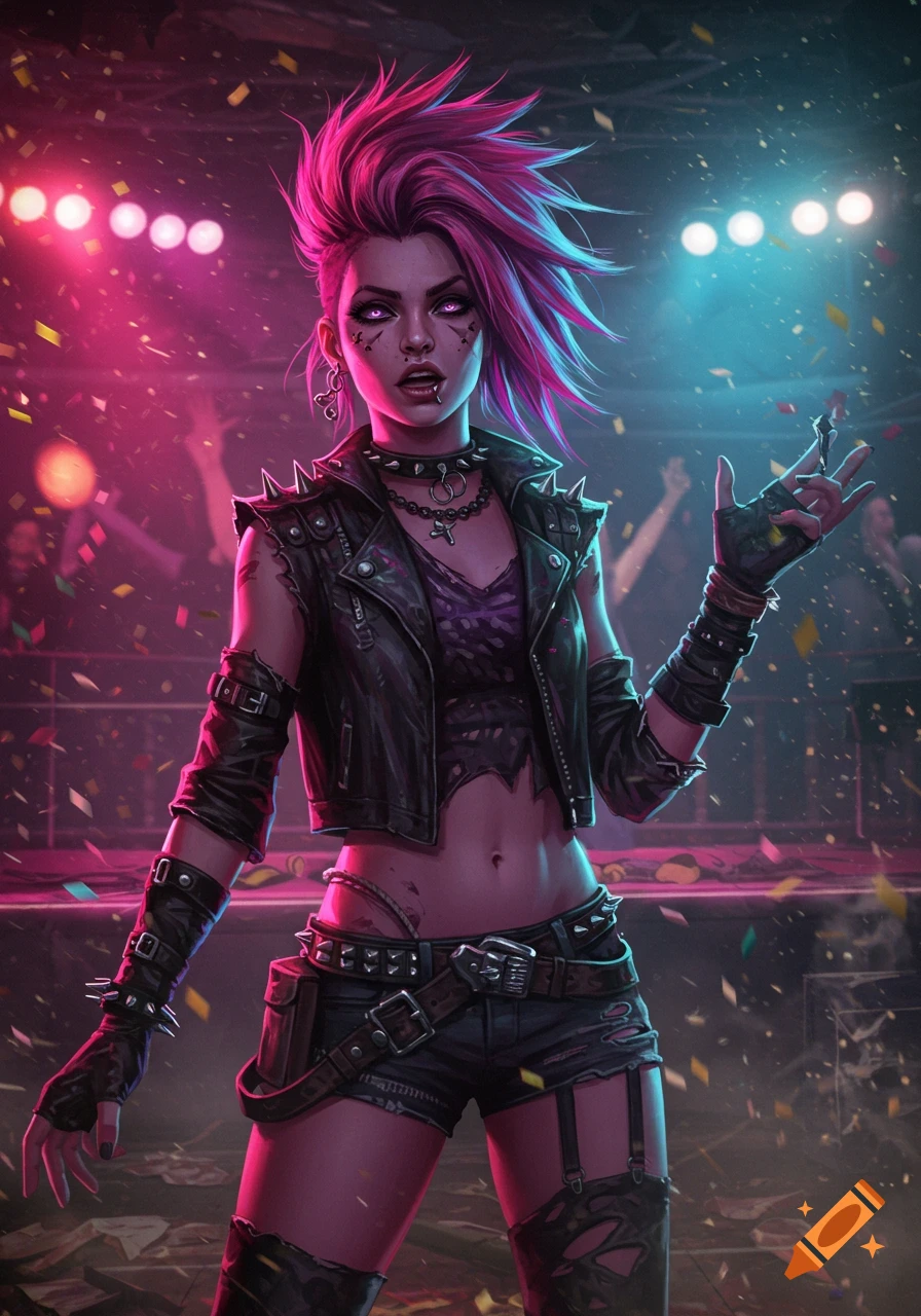 A vibrant digital art portrait of a punk rock woman with a pink mohawk and leather outfit, standing on a stage with confetti and bright concert lights.