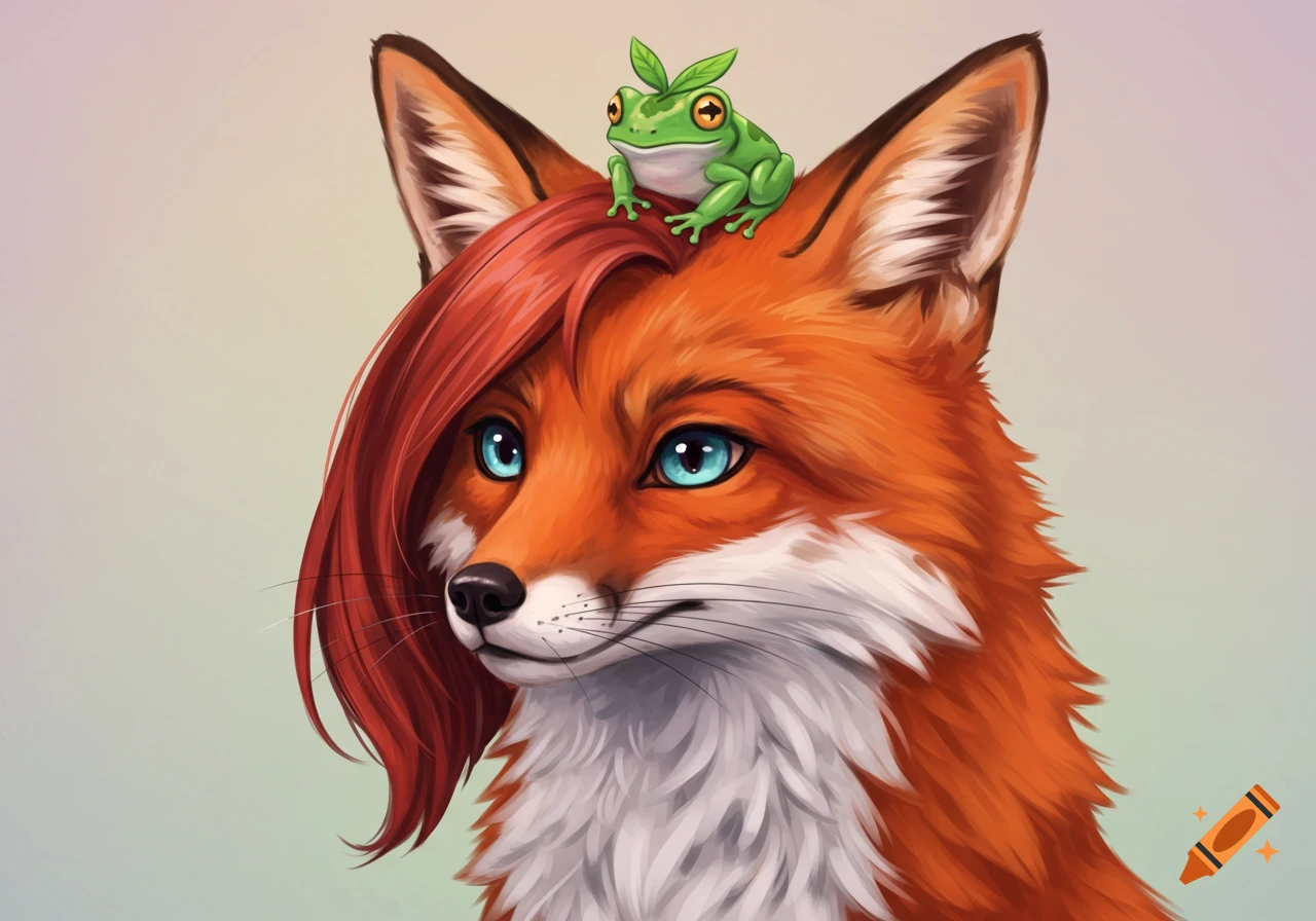 A red fox with red hair and blue eyes, with a small green frog sitting on its head, in a digital drawing style.