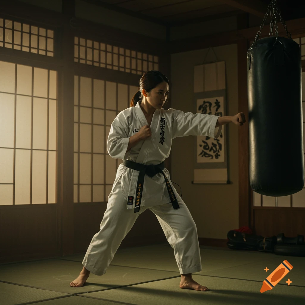 A woman in a white karate gi and black belt practices punching a heavy bag in a dimly lit dojo.