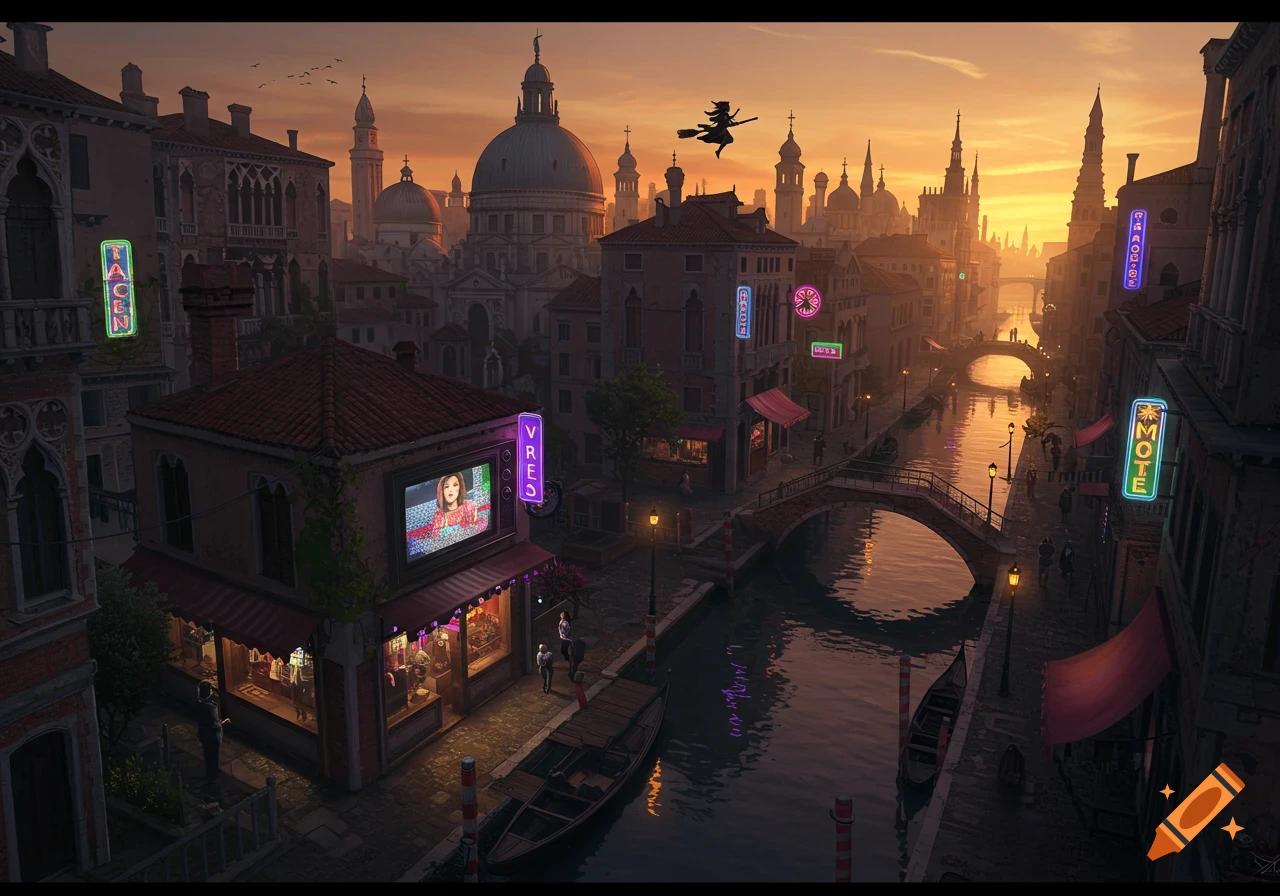 An aerial view of a surreal, magical Venice at sunset, with glowing neon signs and a witch flying over canals and gothic buildings.