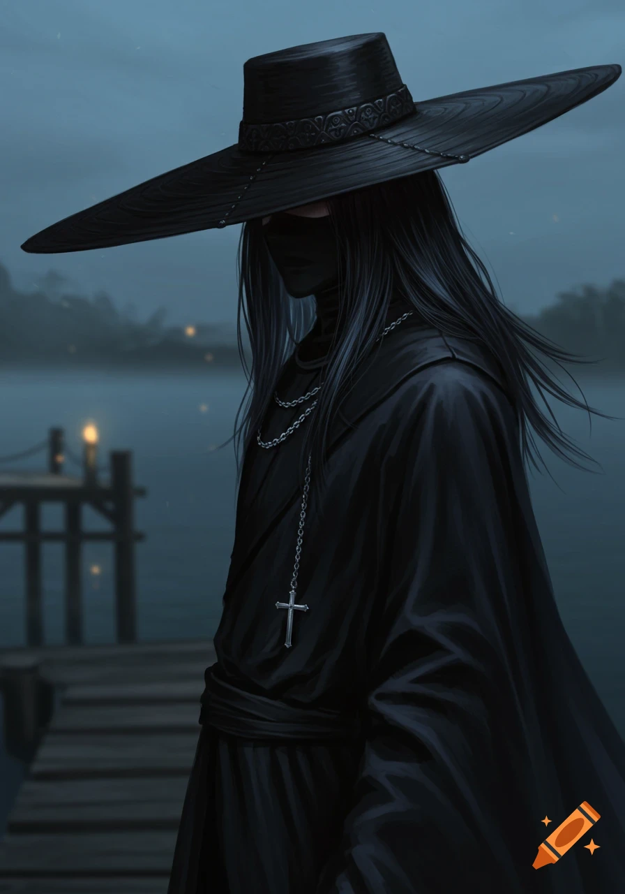 A mysterious character in a black wide-brimmed hat and mask, with long dark hair and a cross pendant, by a dark lake at twilight.