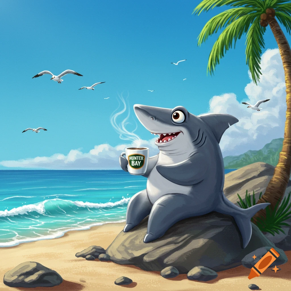 A smiling cartoon shark sits on a rock at a sunny beach, holding a steaming mug labeled "HUNTER BAY." A palm tree stands nearby, and seagulls fly overhead.
