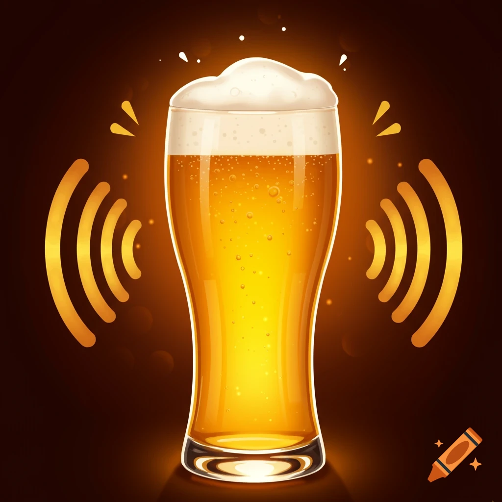 Illustration of a full glass of golden beer with white foam, surrounded by radiating orange signal waves on a dark background.