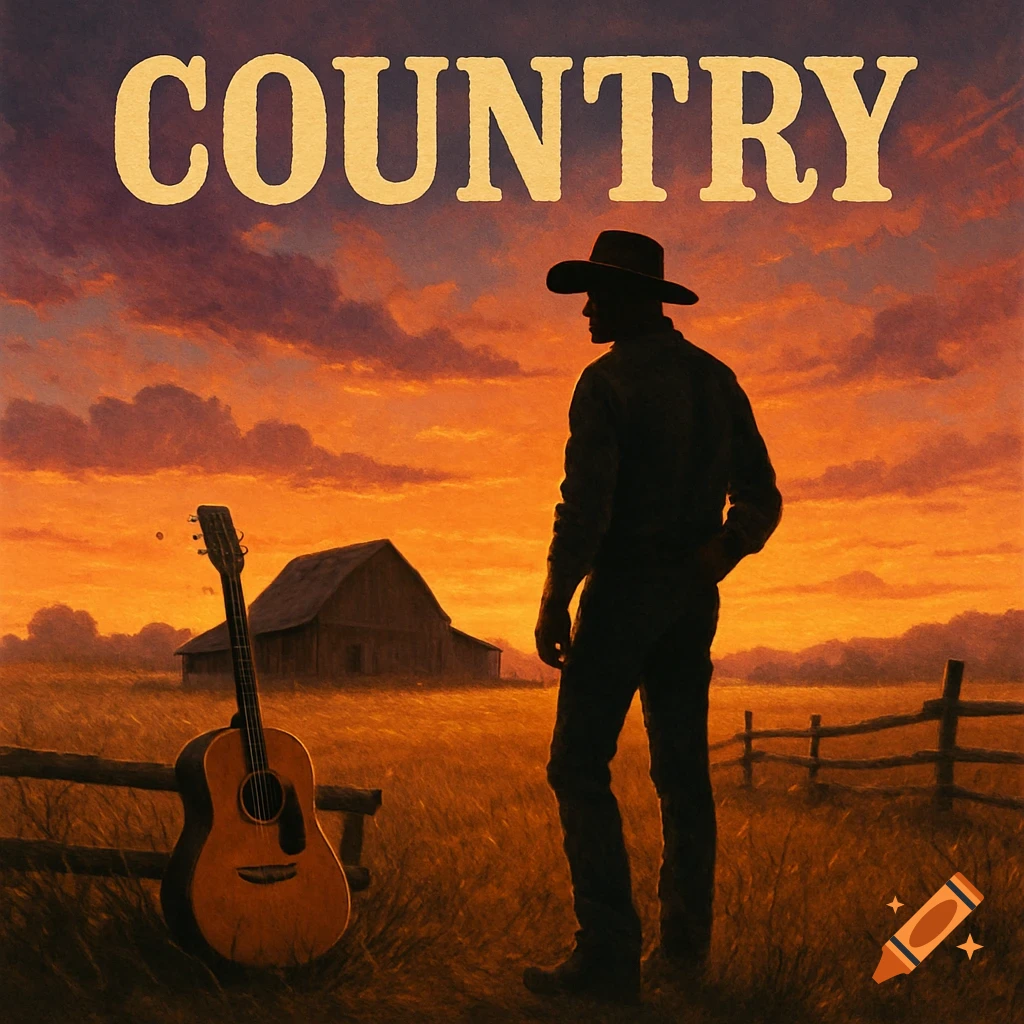 A silhouette of a cowboy with a guitar standing in a field at sunset, with a barn in the background. The word 'COUNTRY' is at the top.