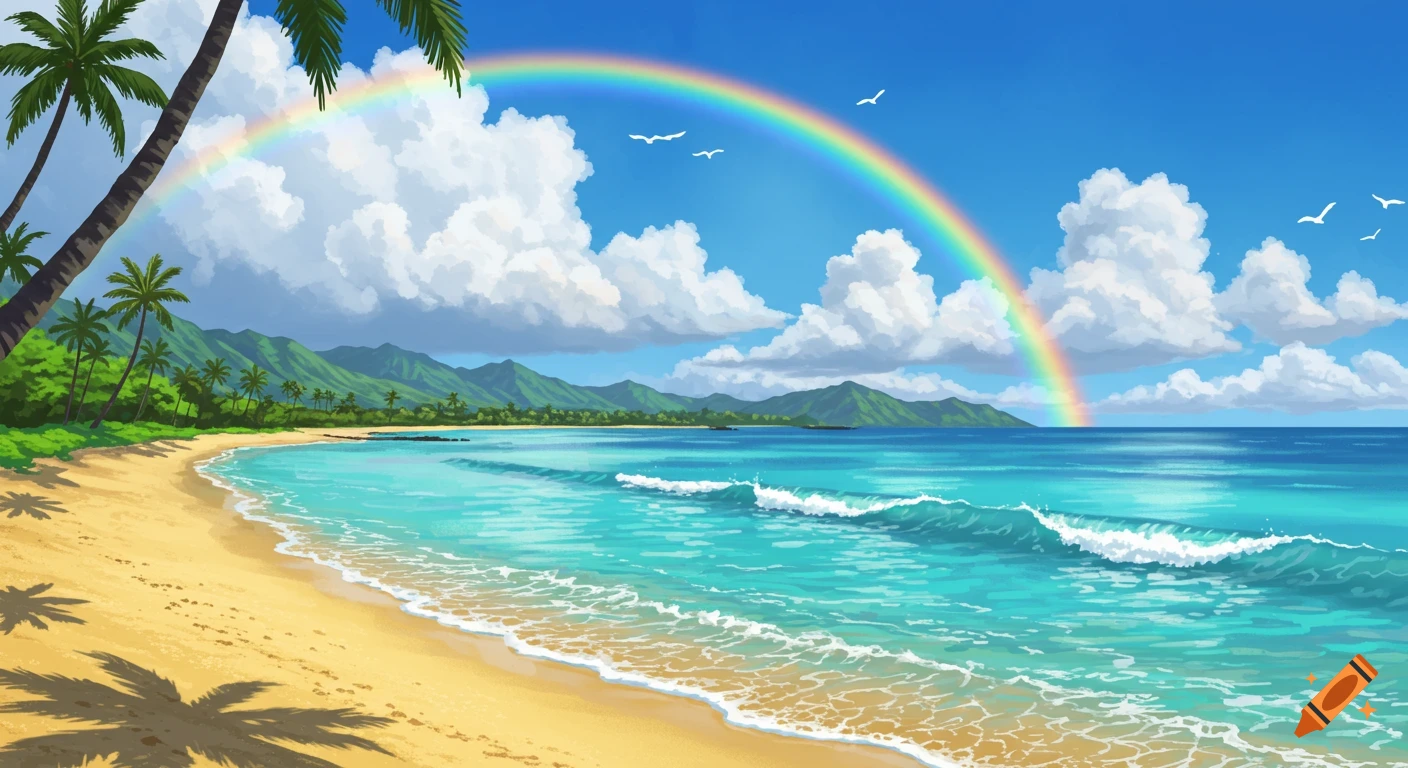 Vibrant tropical beach with turquoise water, palm trees, and a rainbow over the ocean, with green mountains in the background.