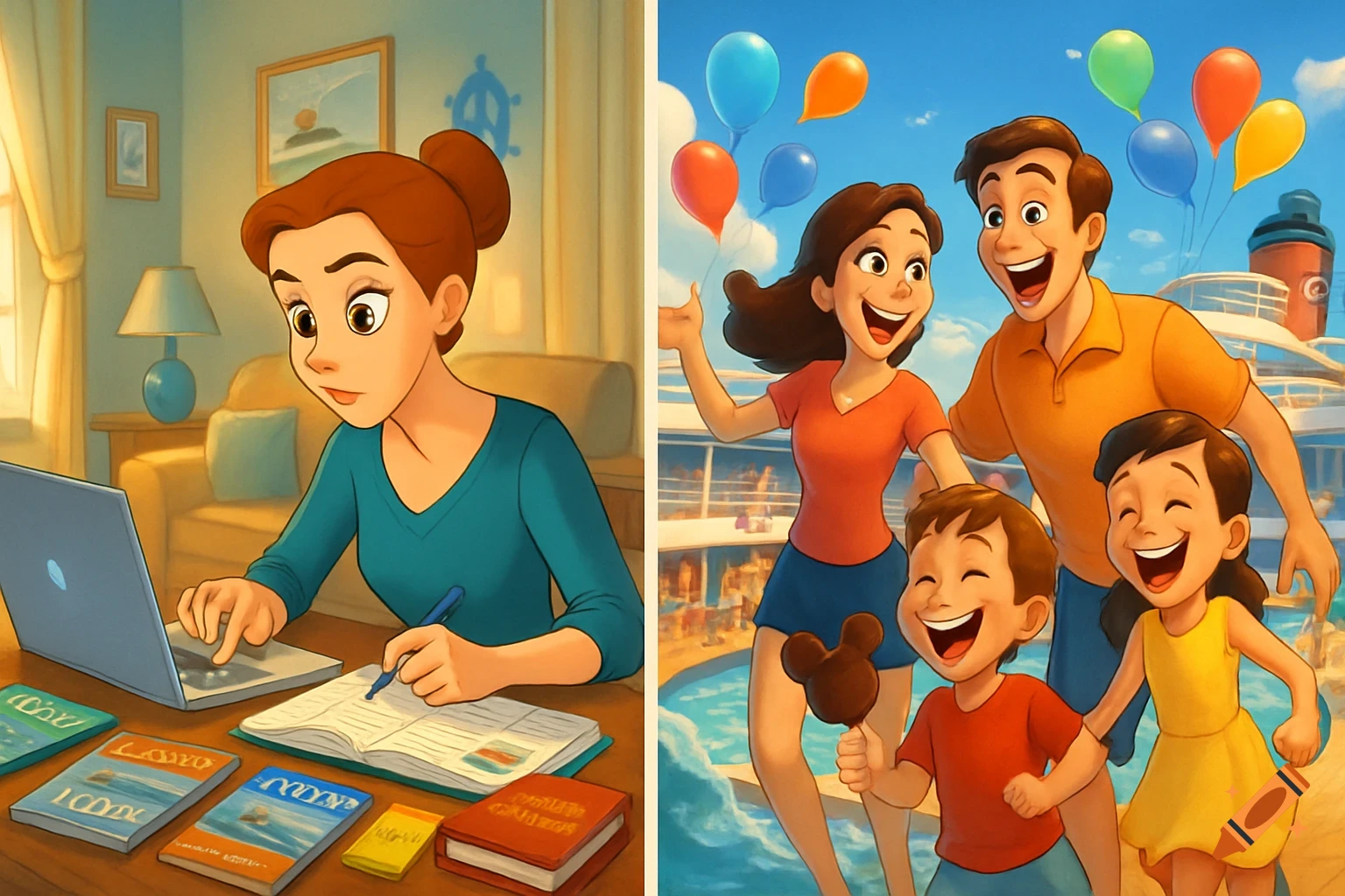 A split-screen cartoon shows a woman planning a trip on a laptop on the left and a happy family on a cruise ship with balloons on the right.