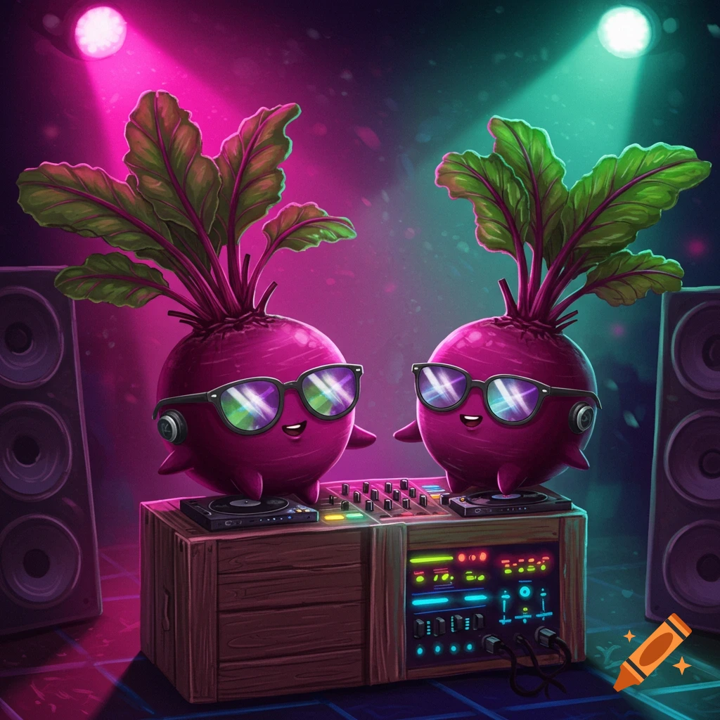 Two cute cartoon beetroots with sunglasses and headphones DJing at a neon-lit party with turntables and large speakers.