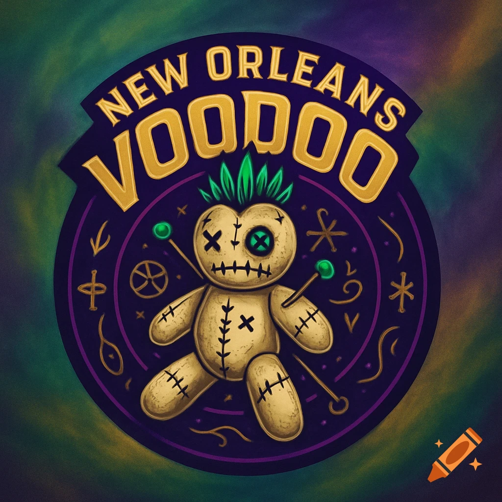 Logo for New Orleans Voodoo with a stylized voodoo doll, green hair, and gold text on a purple and green background.