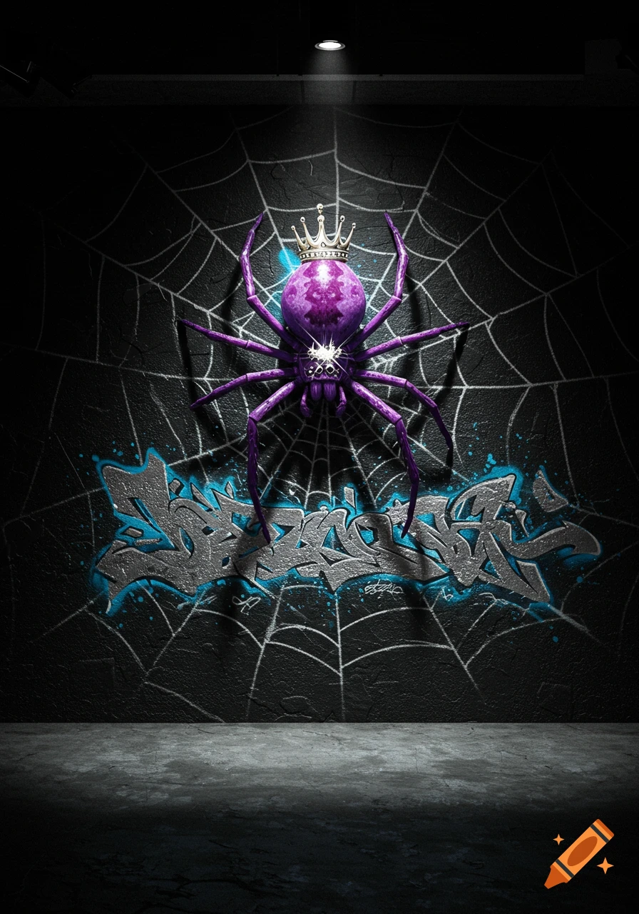 A vibrant purple spider wearing a golden crown is centered on a white spiderweb, spray-painted on a dark, textured wall with grey and blue graffiti below it. A spotlight shines from above.