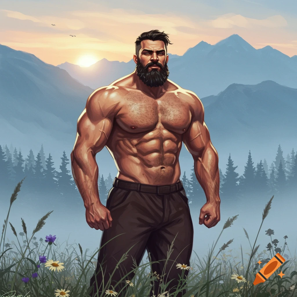A muscular man with a thick beard stands shirtless in a field of grass and flowers, with mountains and a sunset in the background.