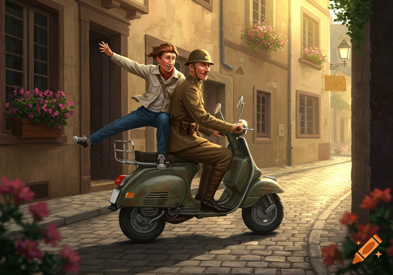 A soldier in uniform drives a vintage scooter down a sunny, cobblestone European street, with a boy standing and waving behind him.