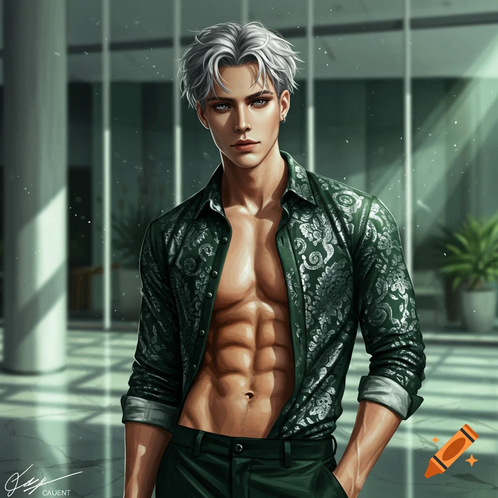 A digital art portrait of a muscular young man with silver hair, wearing an unbuttoned green patterned shirt, indoors.