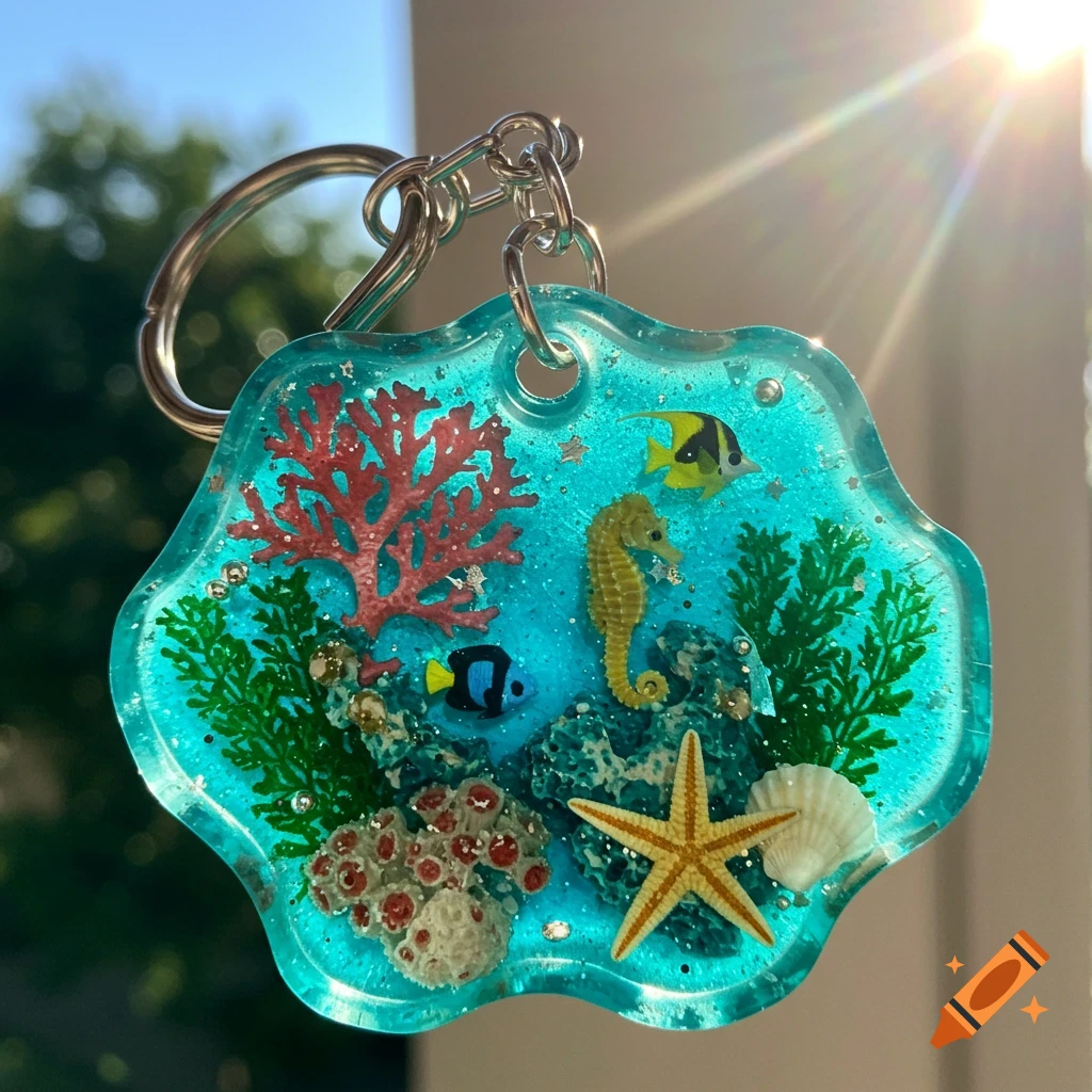 Close-up of a teal resin keychain shaped like a wavy blob, depicting a miniature coral reef with a seahorse, fish, starfish, coral, and glitter.