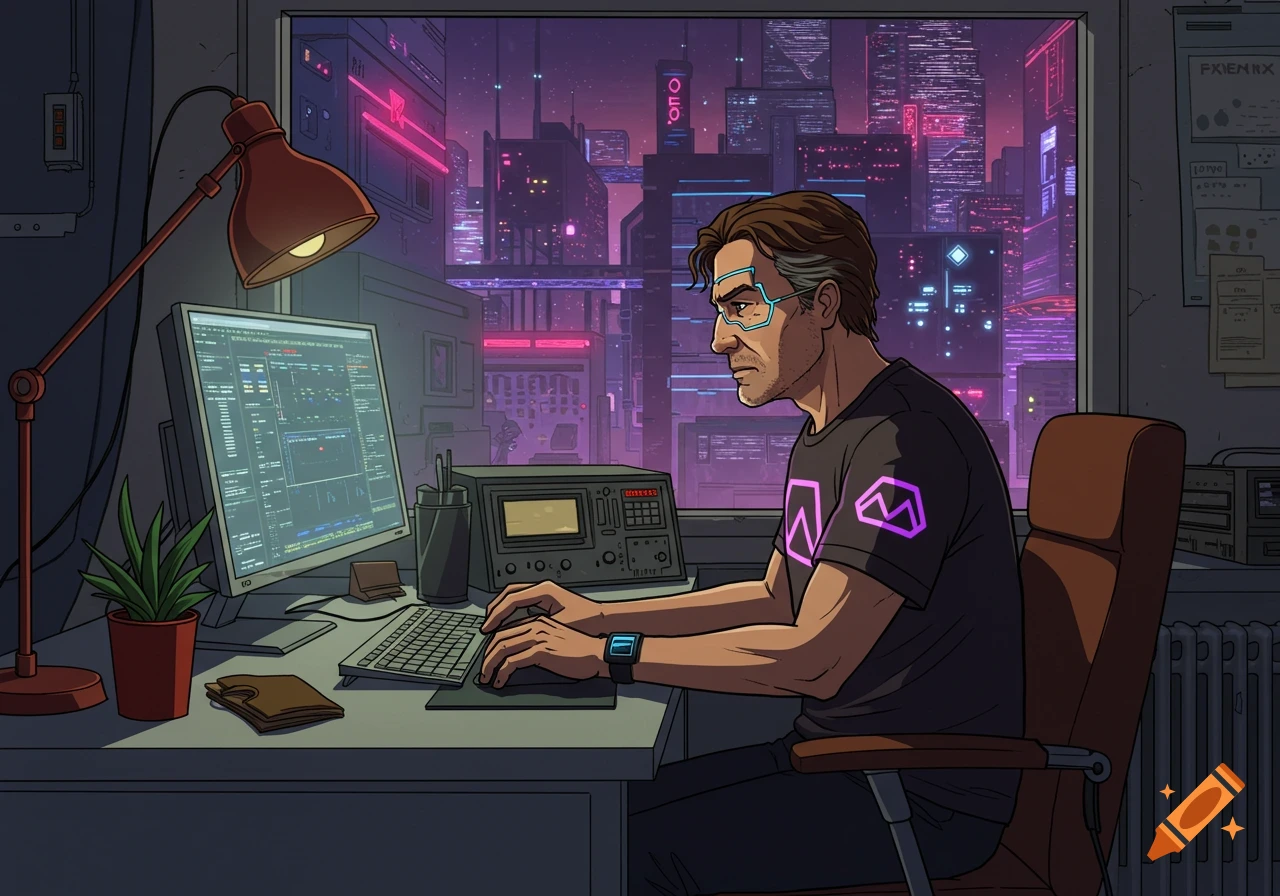 A man with cybernetic glasses and a dark shirt with a purple logo sits at a computer, typing on a keyboard, in a futuristic office. Outside the window, a dystopian cyberpunk city glows with neon lights.