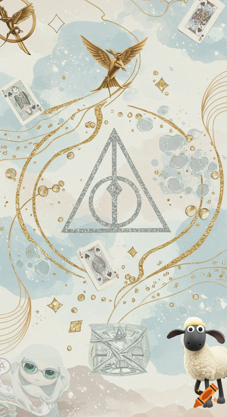 A light-colored, watercolor-style background featuring a collage of pop culture symbols, including the Deathly Hallows, Mockingjay pins, Squid Game shapes, playing cards, a demon trap, and Shaun the Sheep.
