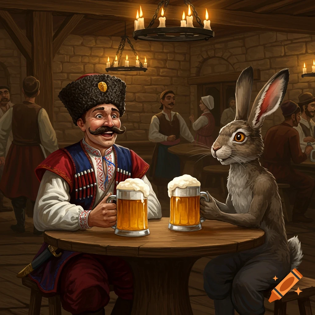 Ukrainian Cossack and a hare drink beer at a wooden table in a tavern, illustrated.