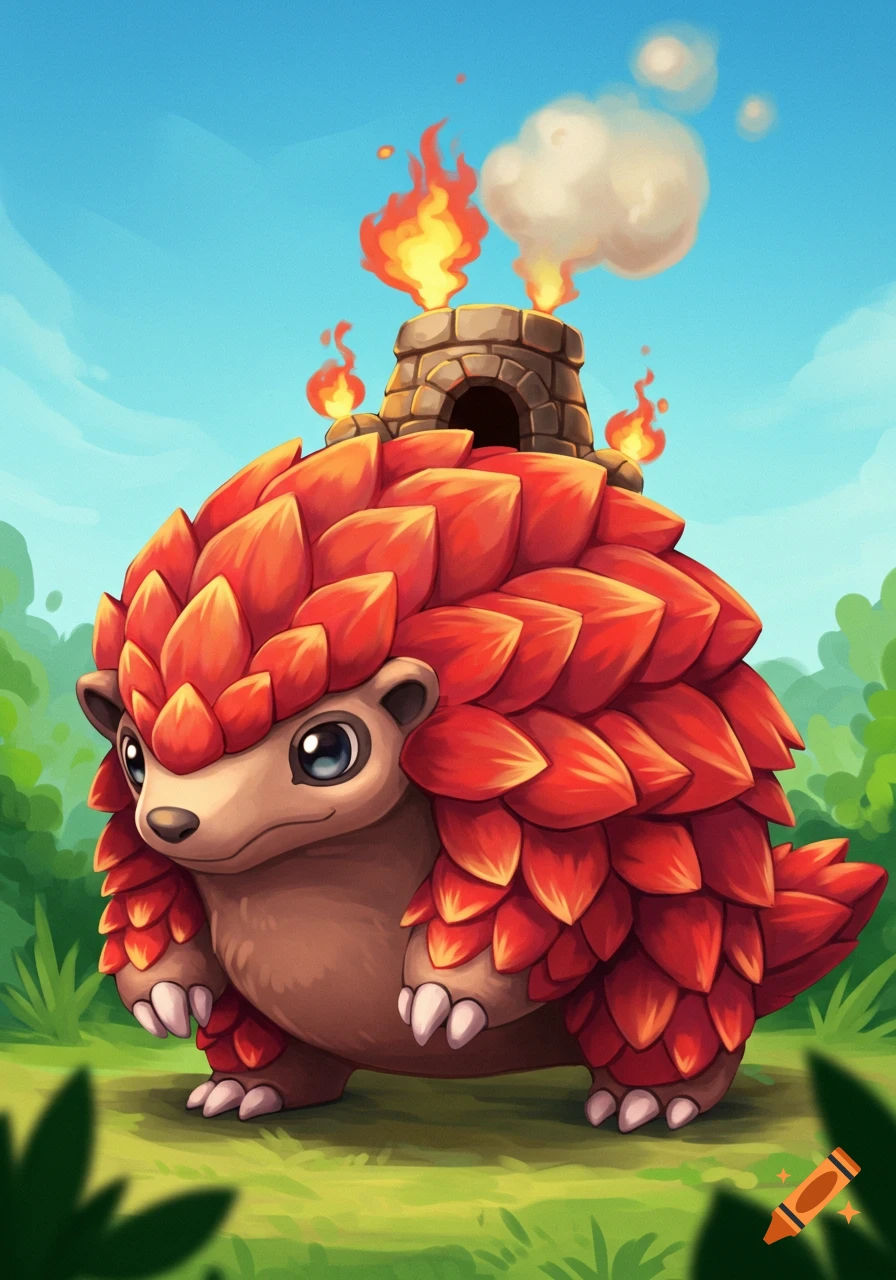 A cute, stylized red pangolin creature with glowing scales and a furnace chimney on its back emitting fire and smoke, in a grassy field under a blue sky.
