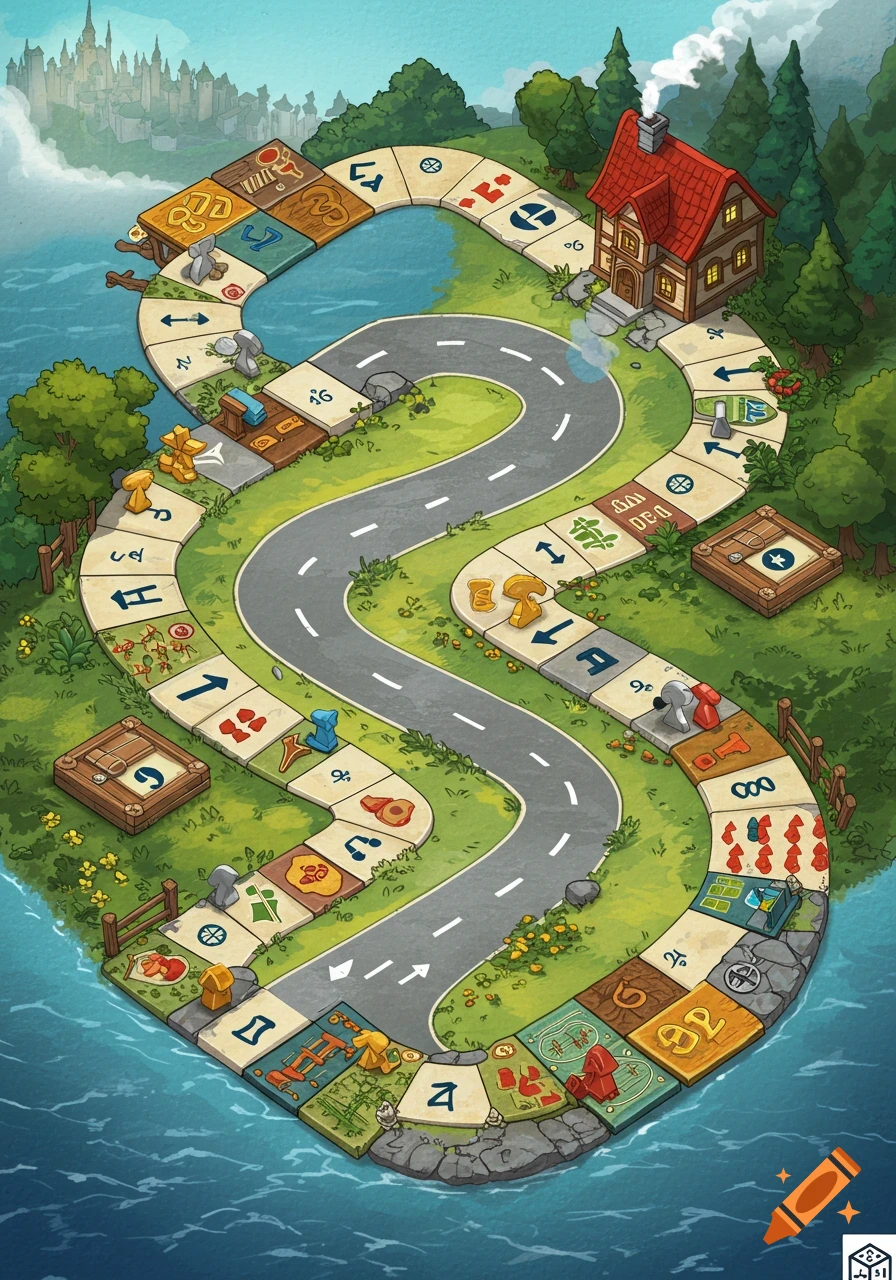 An isometric illustrated board game with a winding road, a house, and game pieces on a grassy island, surrounded by water with a distant city.