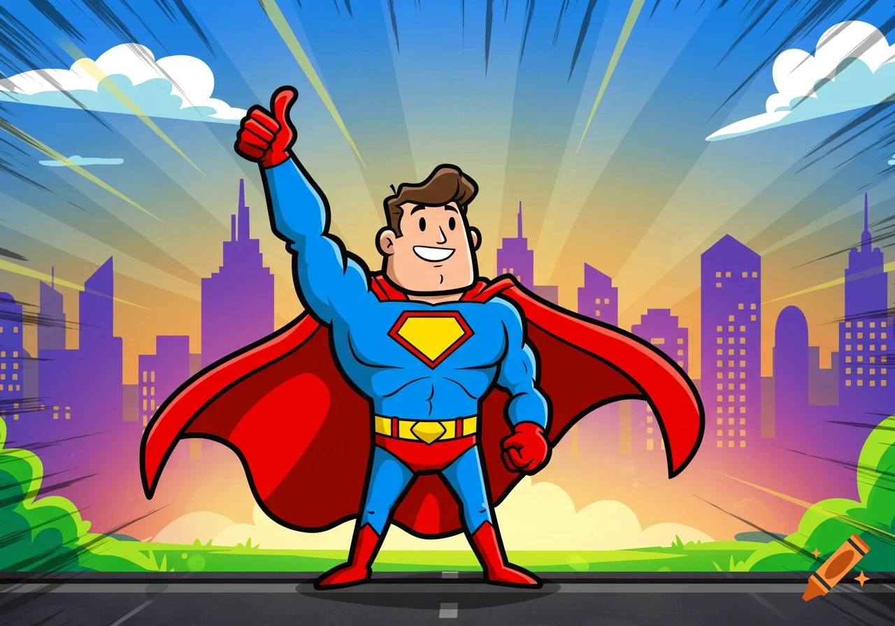 A cartoon superhero in a blue suit and red cape gives a thumbs-up against a city skyline.