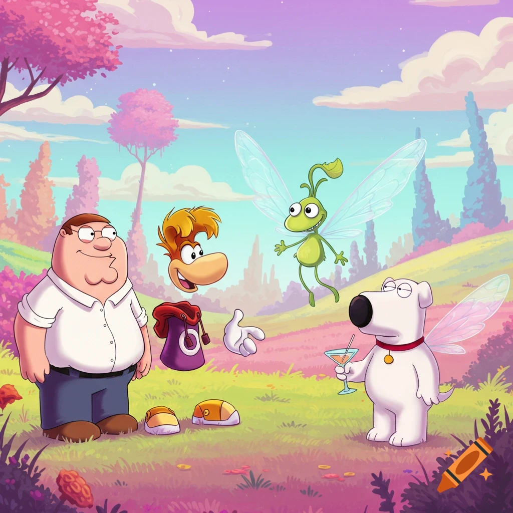A colorful cartoon crossover scene with Peter Griffin, Brian Griffin with fairy wings, Rayman's detached body parts, and Murfy the green fairy in a whimsical landscape.