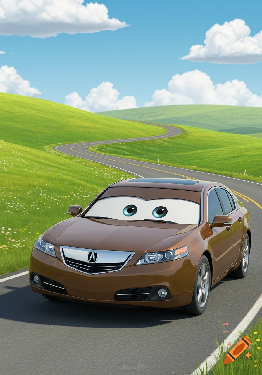 A brown 2012 Acura TL with cartoon eyes drives on a winding road through green hills under a blue sky.