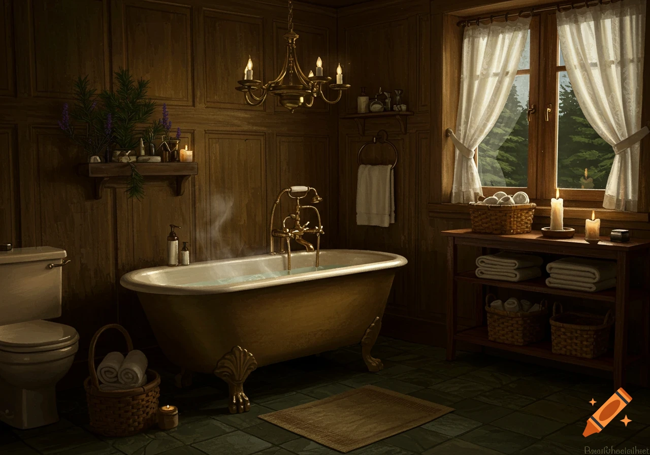 A cozy, dimly lit rustic cabin bathroom with a steamy clawfoot tub, wood paneling, plants, and candles.