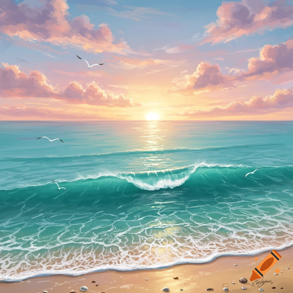 A vibrant painted seascape at sunset with a breaking wave on the shore, seagulls flying, and colorful clouds.