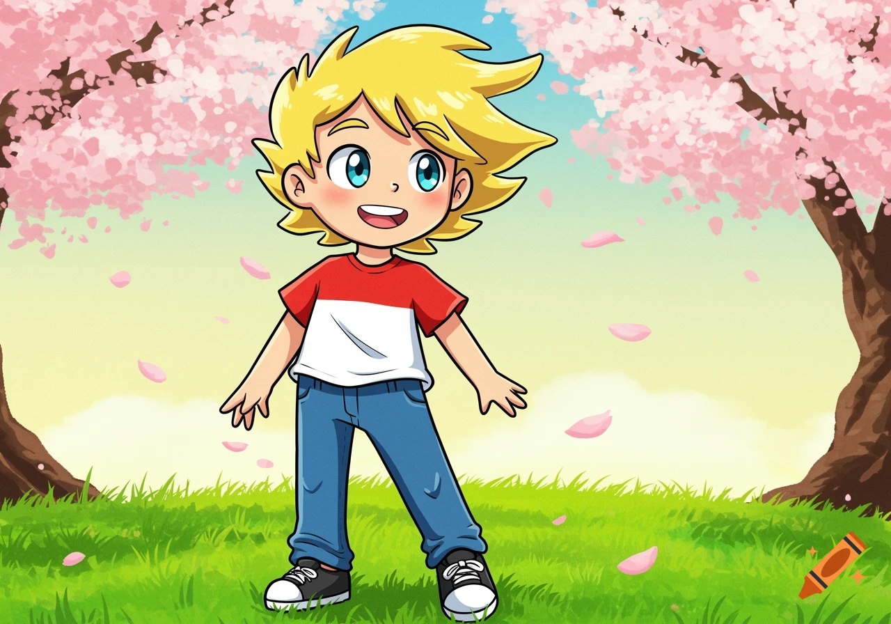 A happy blonde cartoon boy in a red and white shirt and jeans stands in a field with pink cherry blossom trees.