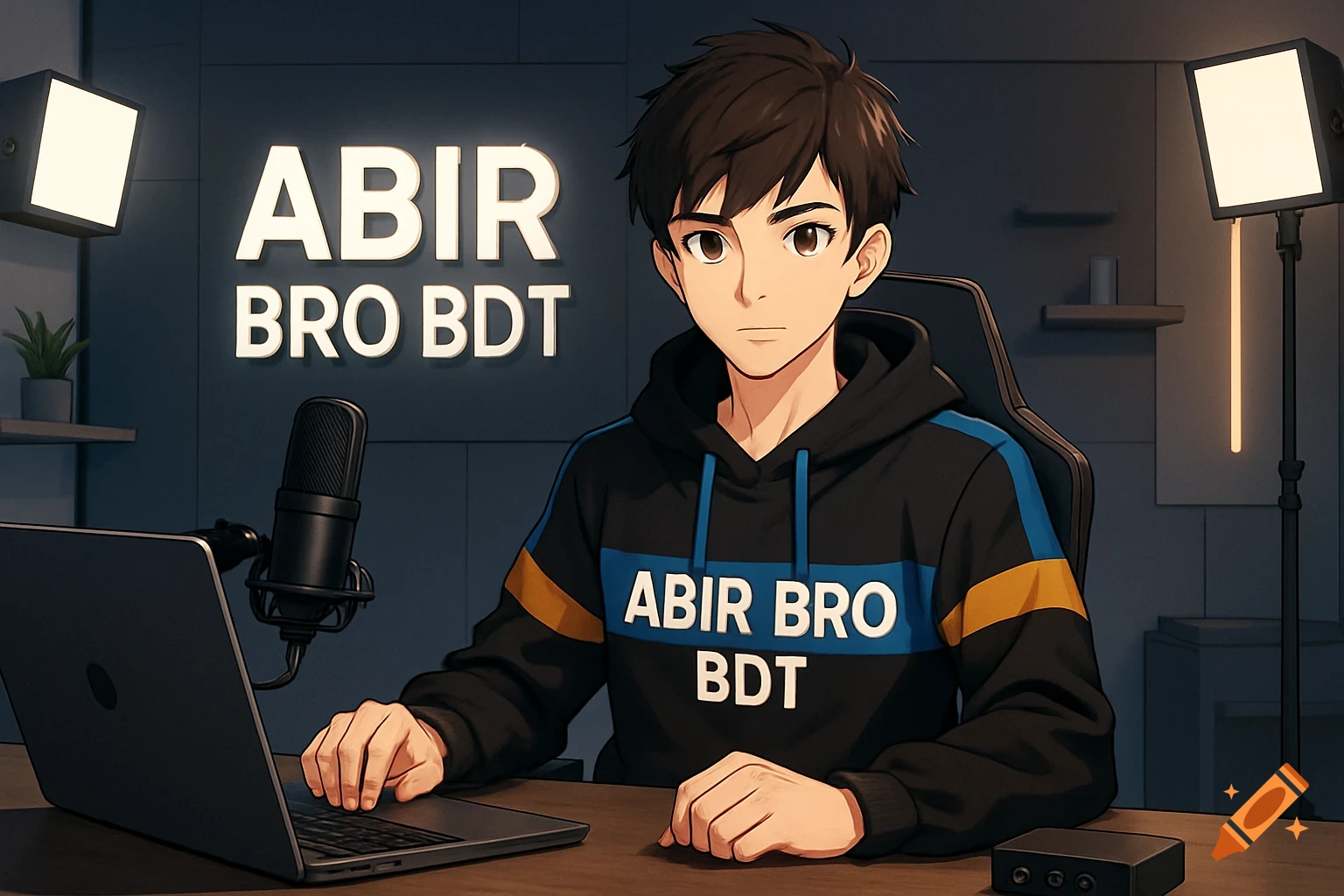 Anime-style boy at a computer desk with a laptop, microphone, and studio lights, wearing a hoodie with "ABIR BRO BDT" text.