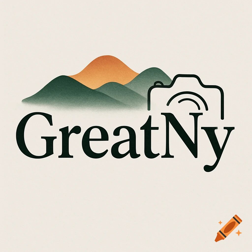 A minimalist logo with green and orange mountains, the text 'GreatNy', and a line-art camera icon.