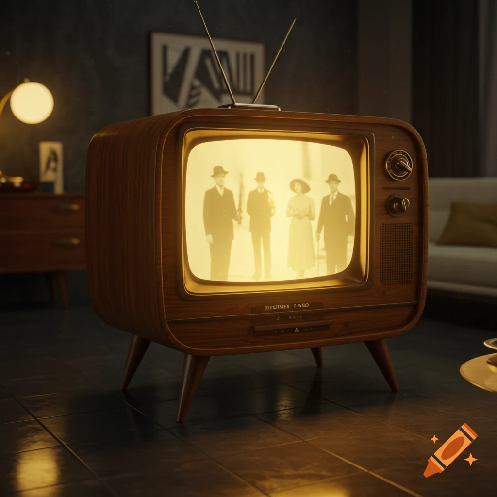 A retro wooden television set displaying silhouetted figures, casting a warm glow in a dimly lit room.