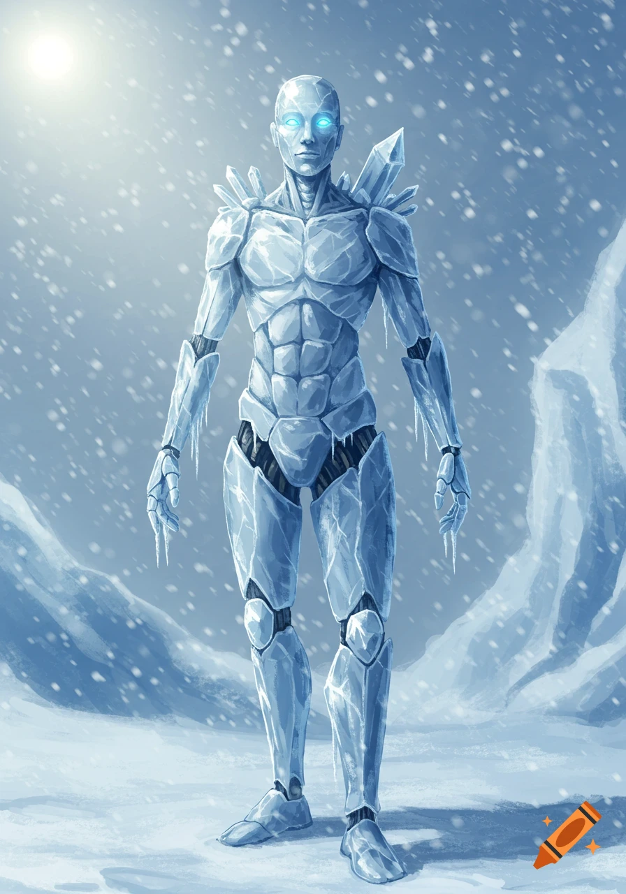 An icy humanoid robot with glowing blue eyes and intricate crystalline details stands in a snowy landscape.