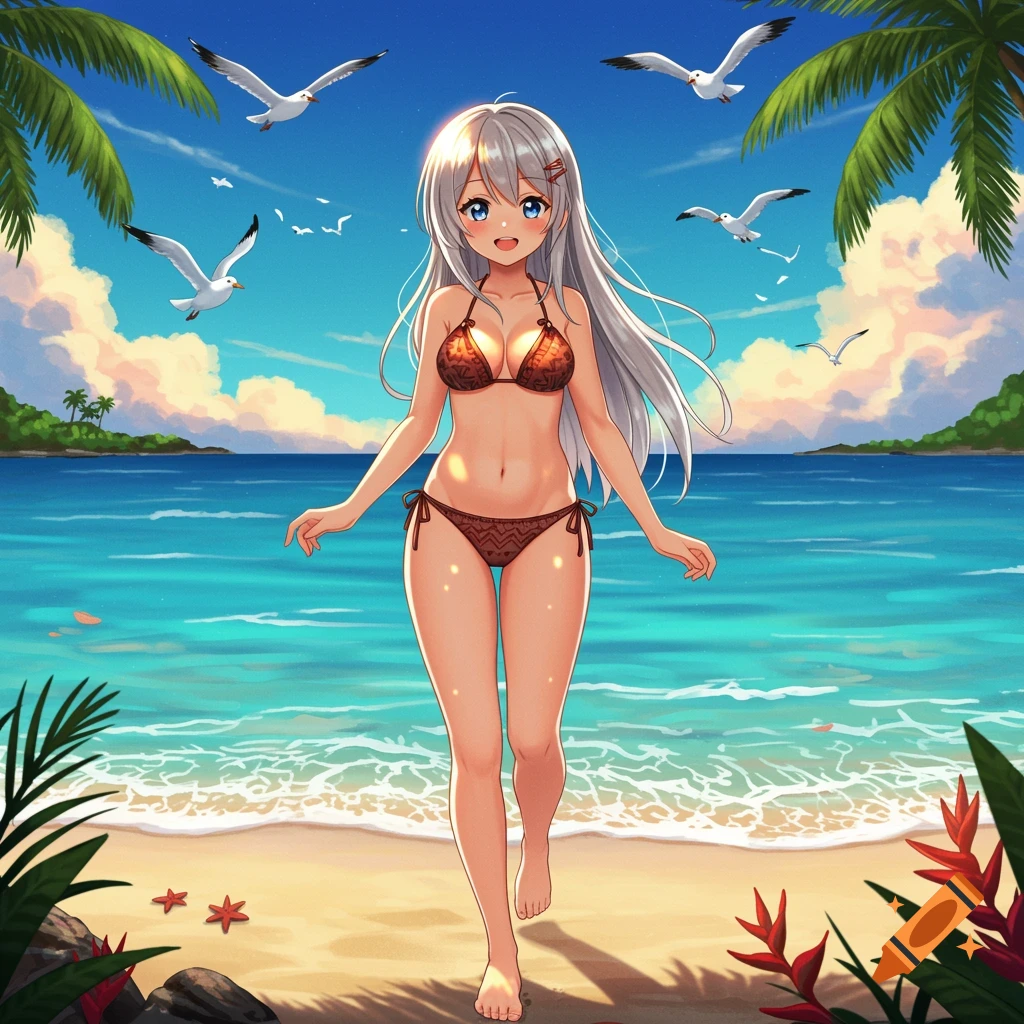 An anime girl with silver hair walks on a sandy beach wearing a brown bikini, with palm trees and seagulls under a blue sky.