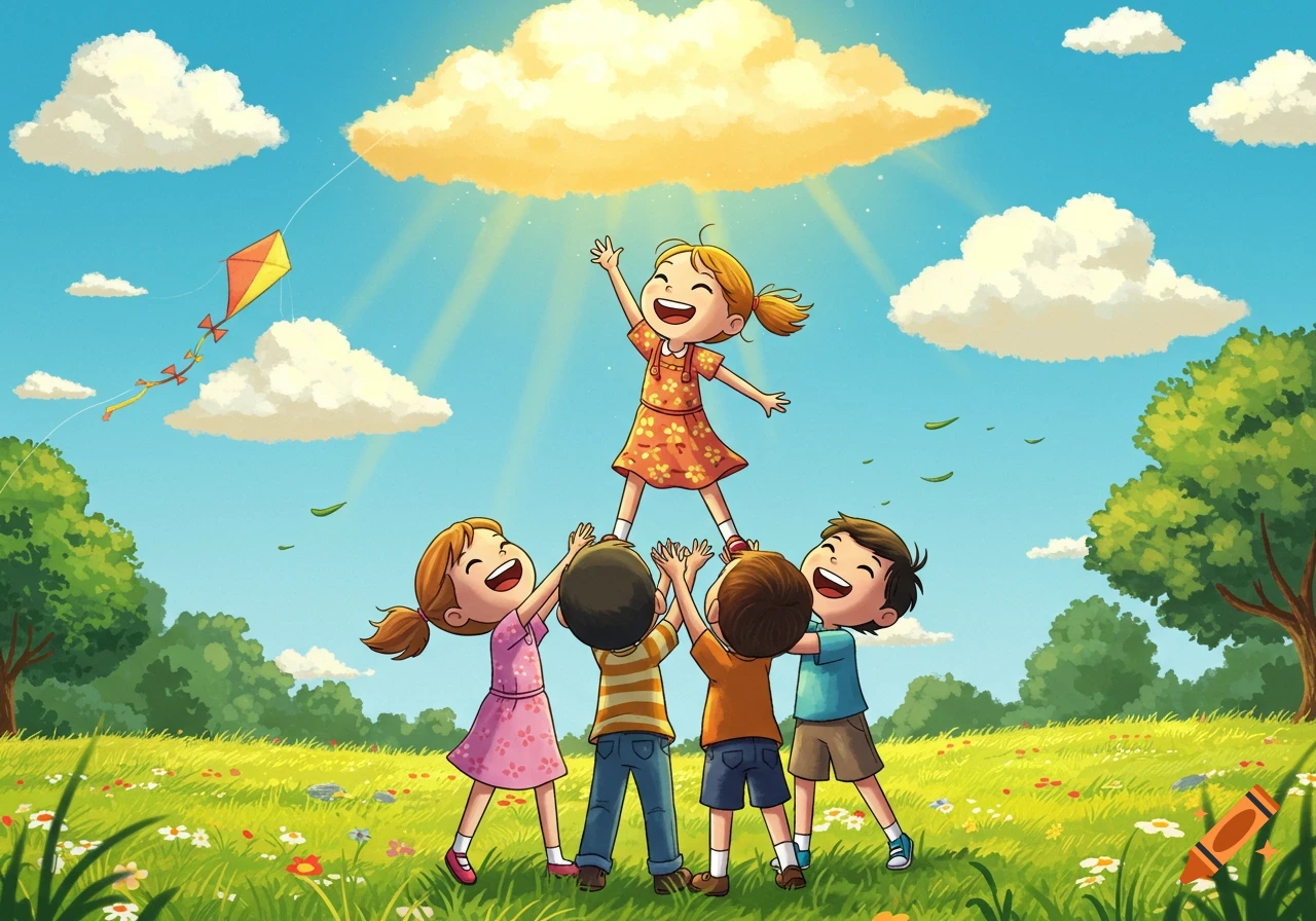 Cartoon illustration of children playing in a sunny field, one standing on others reaching for a cloud, another flying a kite.