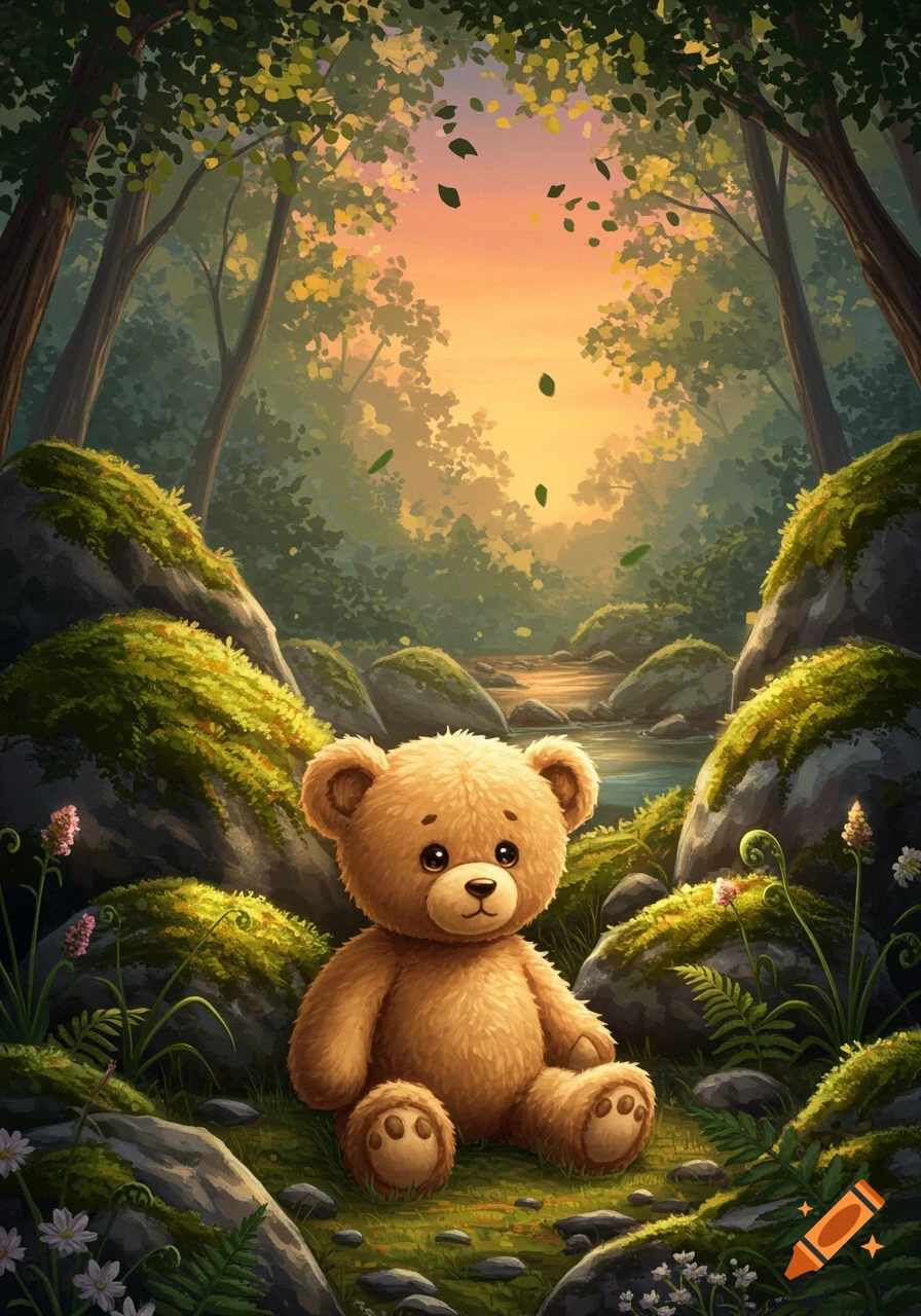 A cute teddy bear sits in a lush, illustrated forest with a stream and a sunset sky.