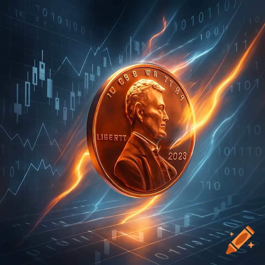 A bronze penny, featuring a profile of Abraham Lincoln, floats against a dark blue background with glowing orange and blue streaks, binary code, and financial charts.