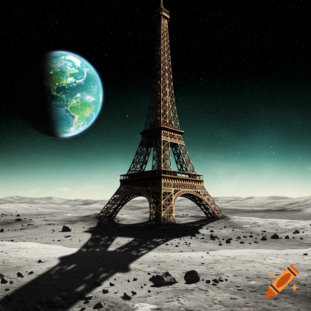 Photorealistic Eiffel Tower on the moon under a starry sky with Earth in the distance.
