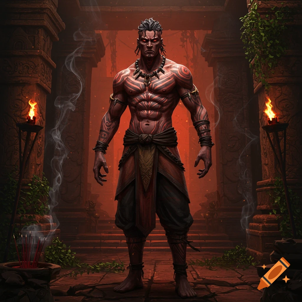 A muscular fantasy warrior with red tribal tattoos and glowing red eyes stands in an ancient, dimly lit temple.