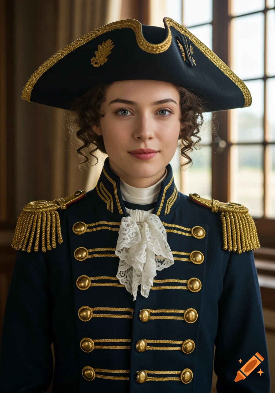 A photorealistic portrait of a young woman with curly hair wearing an 18th-century dark blue naval officer uniform with gold trim and a black tricorn hat.