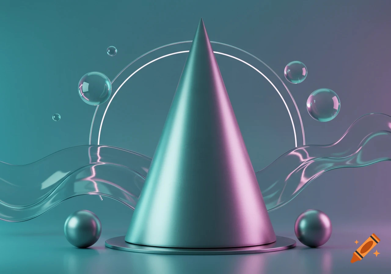 A 3D rendered abstract image featuring a metallic cone, clear bubbles, wavy glass, and spheres on a teal and purple gradient background.