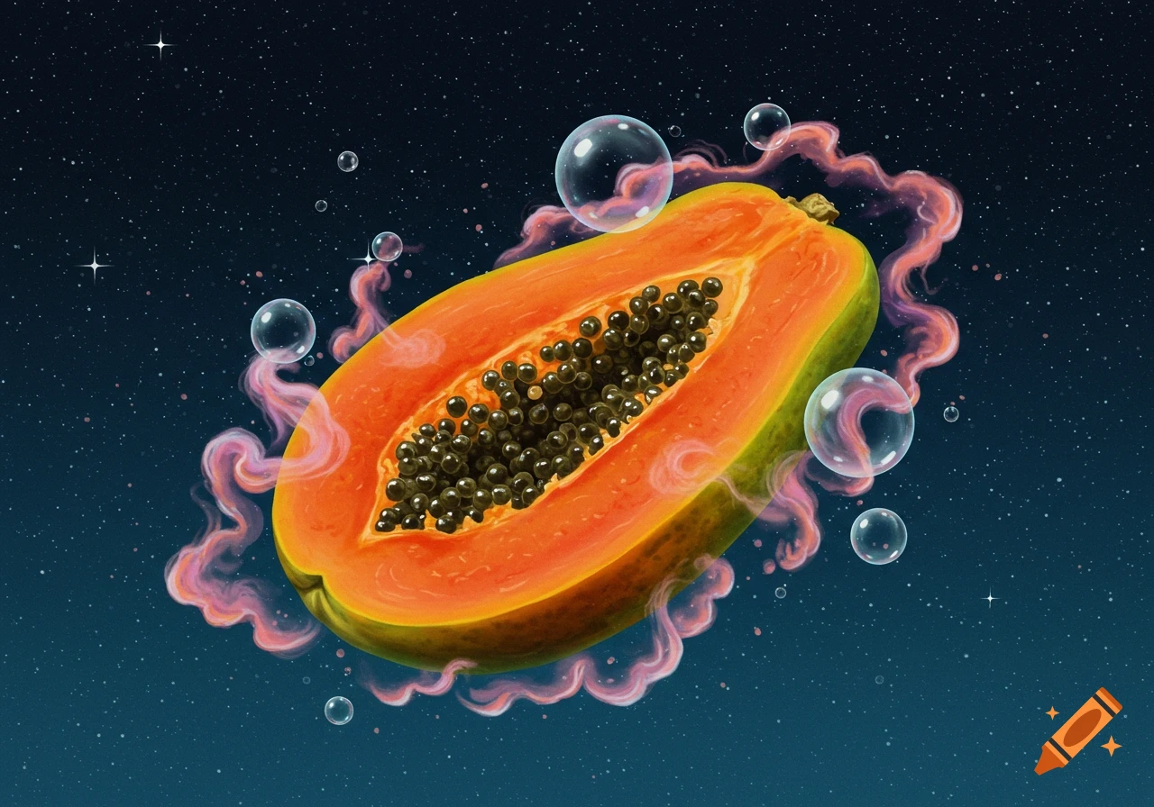 A vibrant, cut papaya with seeds floats in starry space surrounded by pink smoke and bubbles.