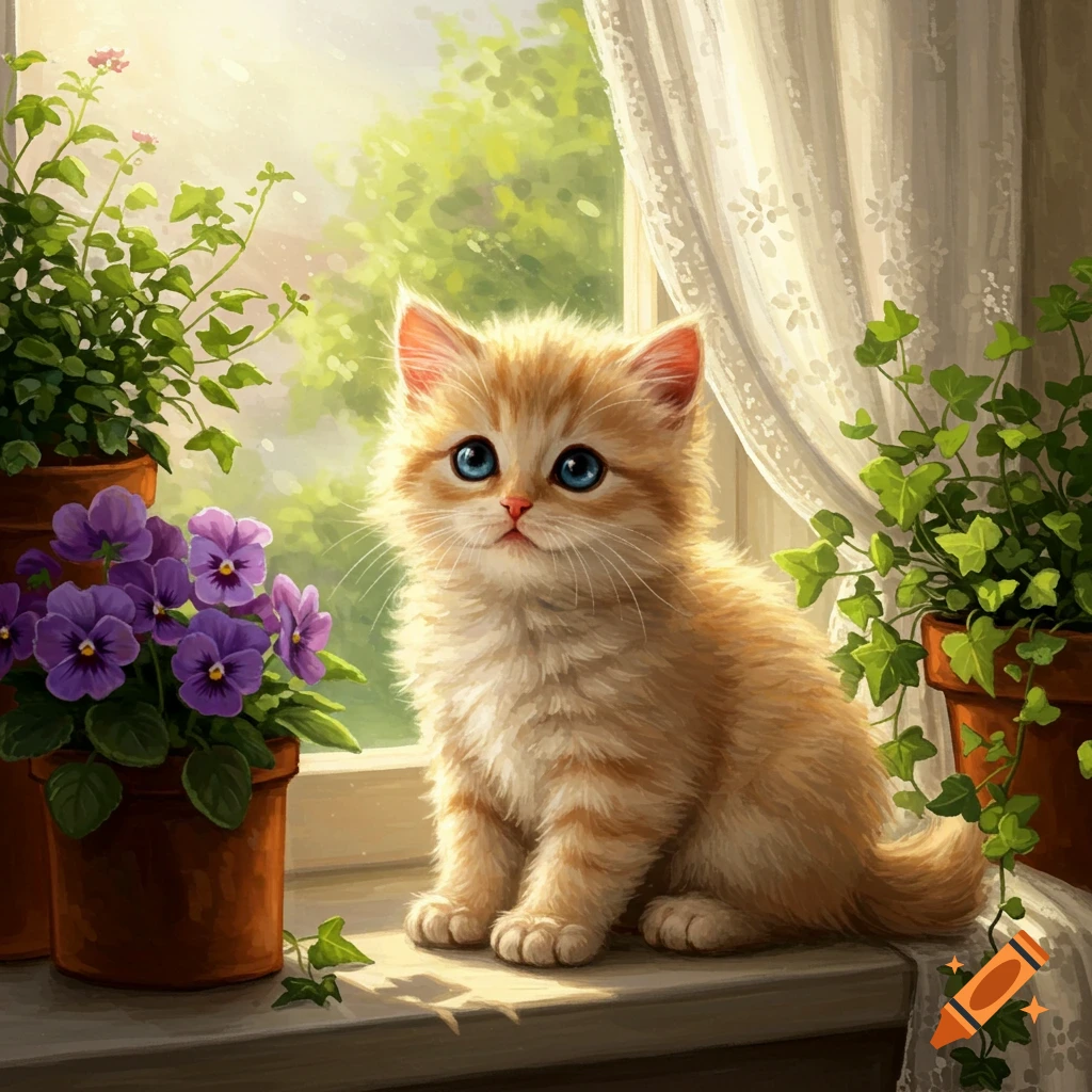 A cute ginger kitten with bright blue eyes sits on a sunny windowsill, surrounded by potted purple flowers and green plants.