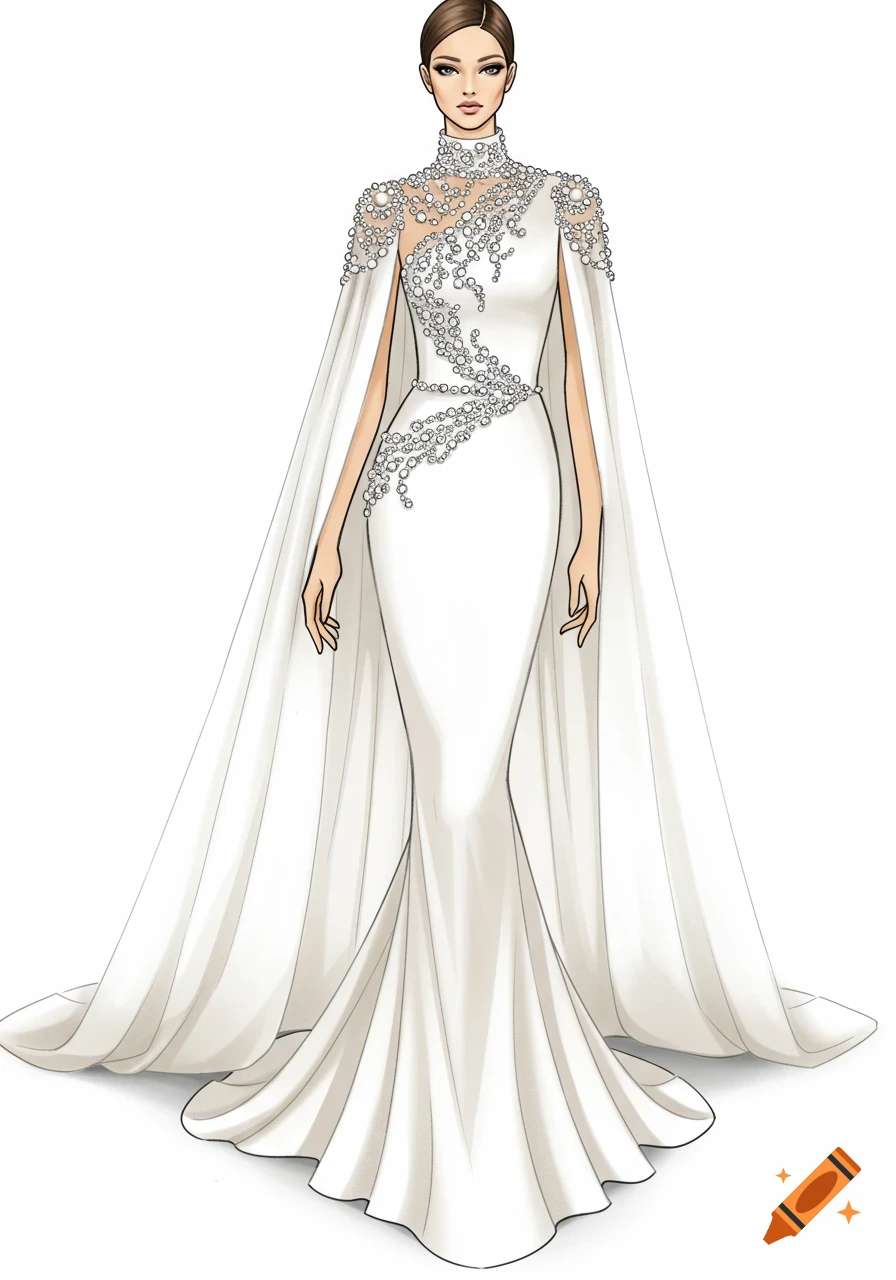 A full-body fashion illustration of a woman wearing an elegant, white mermaid-style wedding dress with a high collar, intricate pearl and crystal beading, and a long flowing cape.